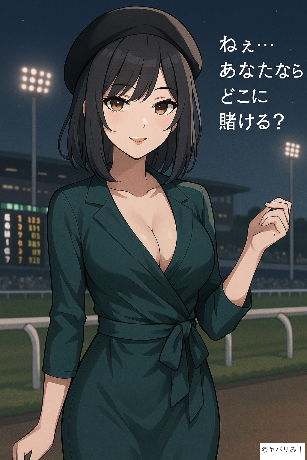 競馬場のような場所で、深い緑色のジャケットを着た黒髪の女性が微笑みながら、問いかけるようなポーズをしている。