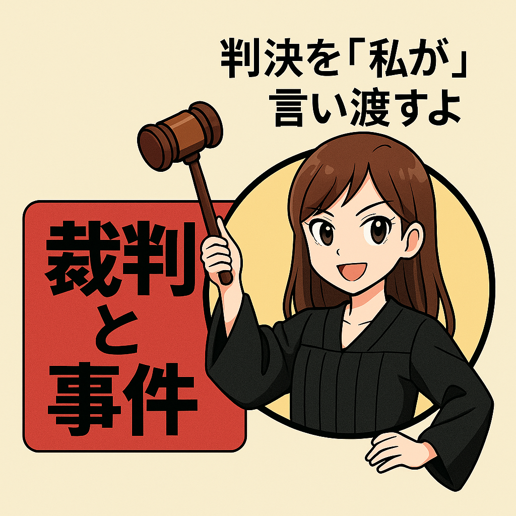 裁判官姿の女性キャラクターが木槌を掲げて判決を宣言するアニメ風イラスト。「裁判と事件」という文字入り。