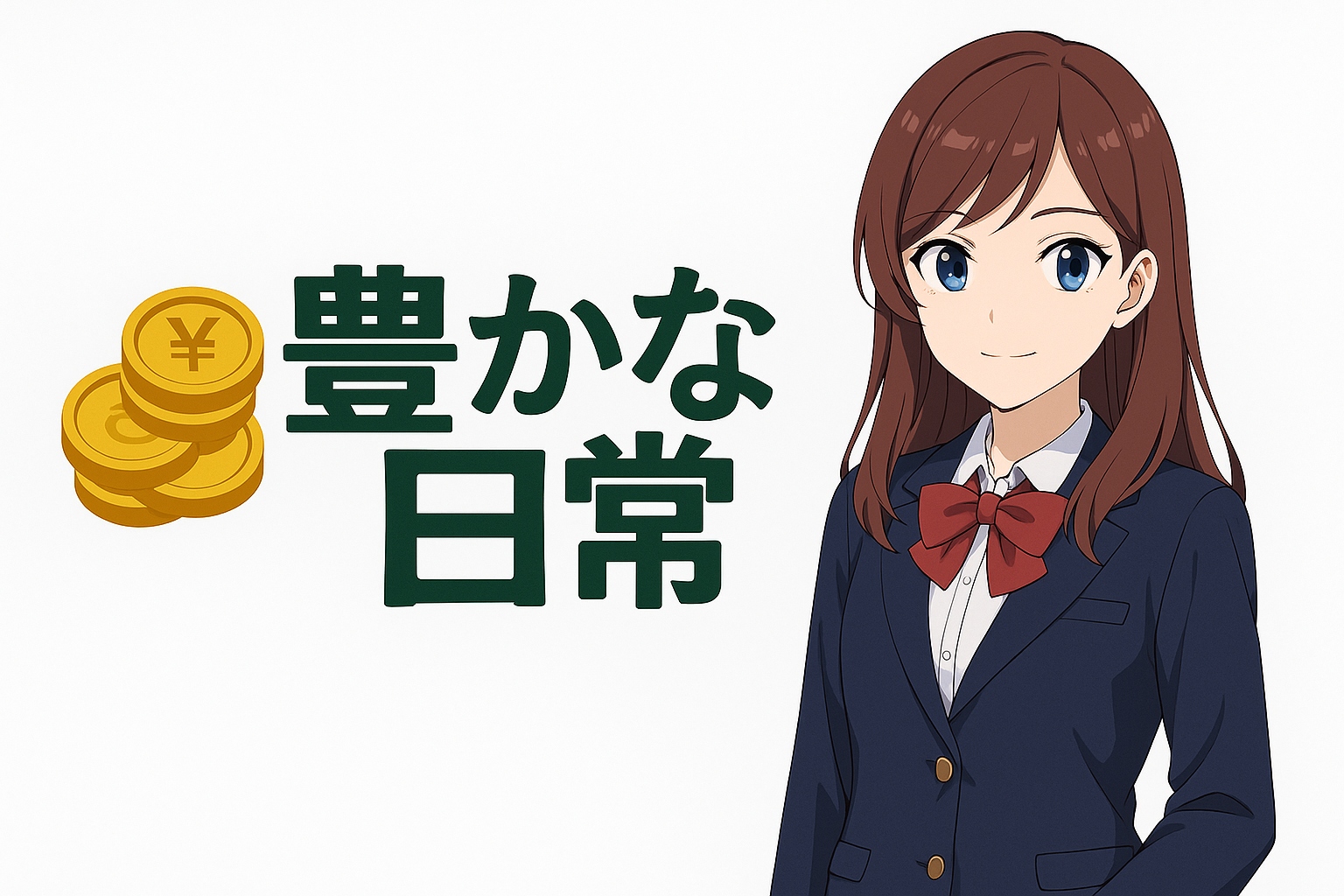 「制服姿の女性キャラクターと『豊かな日常』の文字。横に金貨のイラスト。」