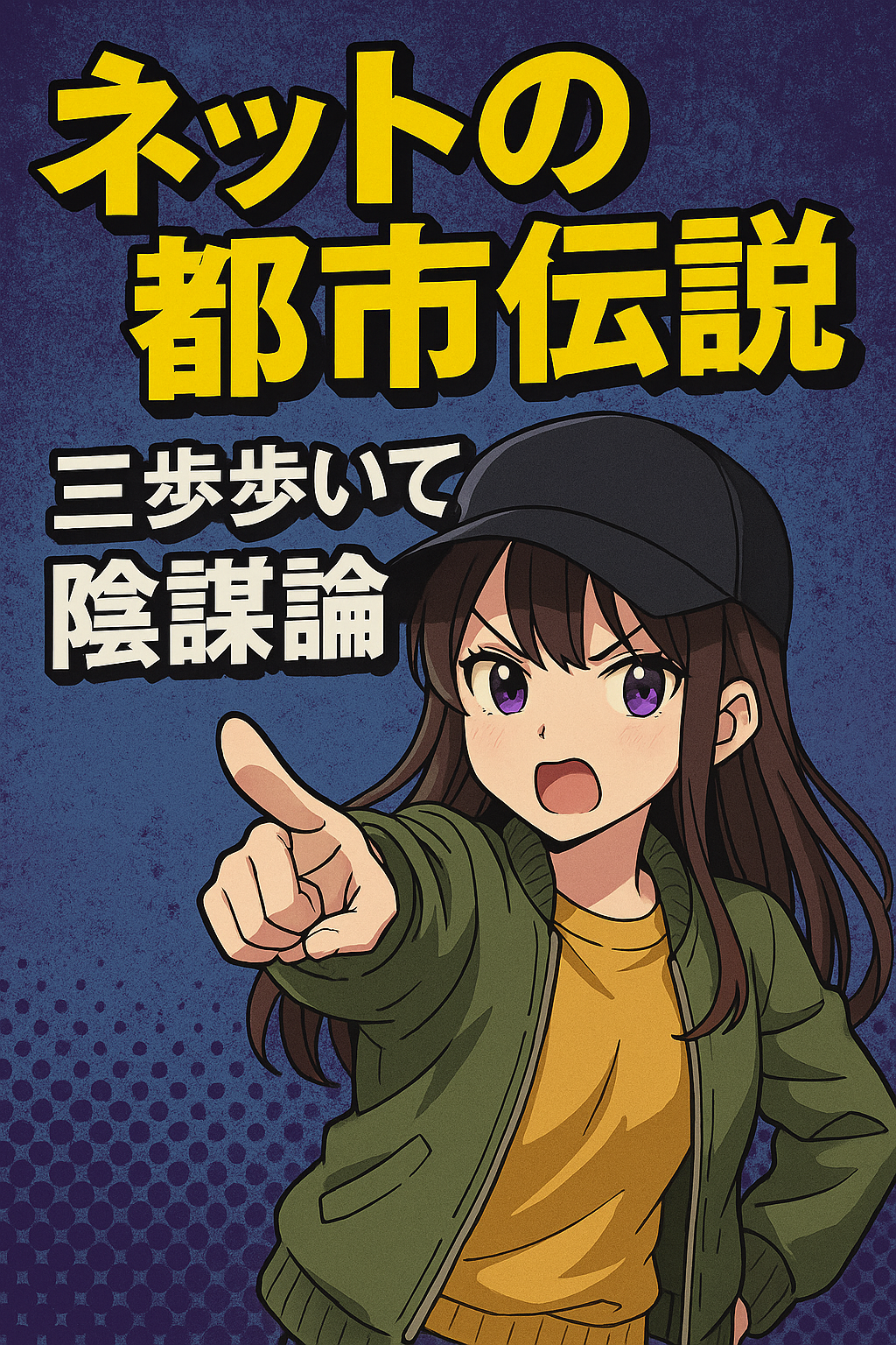 ネットの都市伝説 三歩歩いて 陰謀論」というタイトルの、指差しポーズをする女性アニメキャラクターのイラスト。