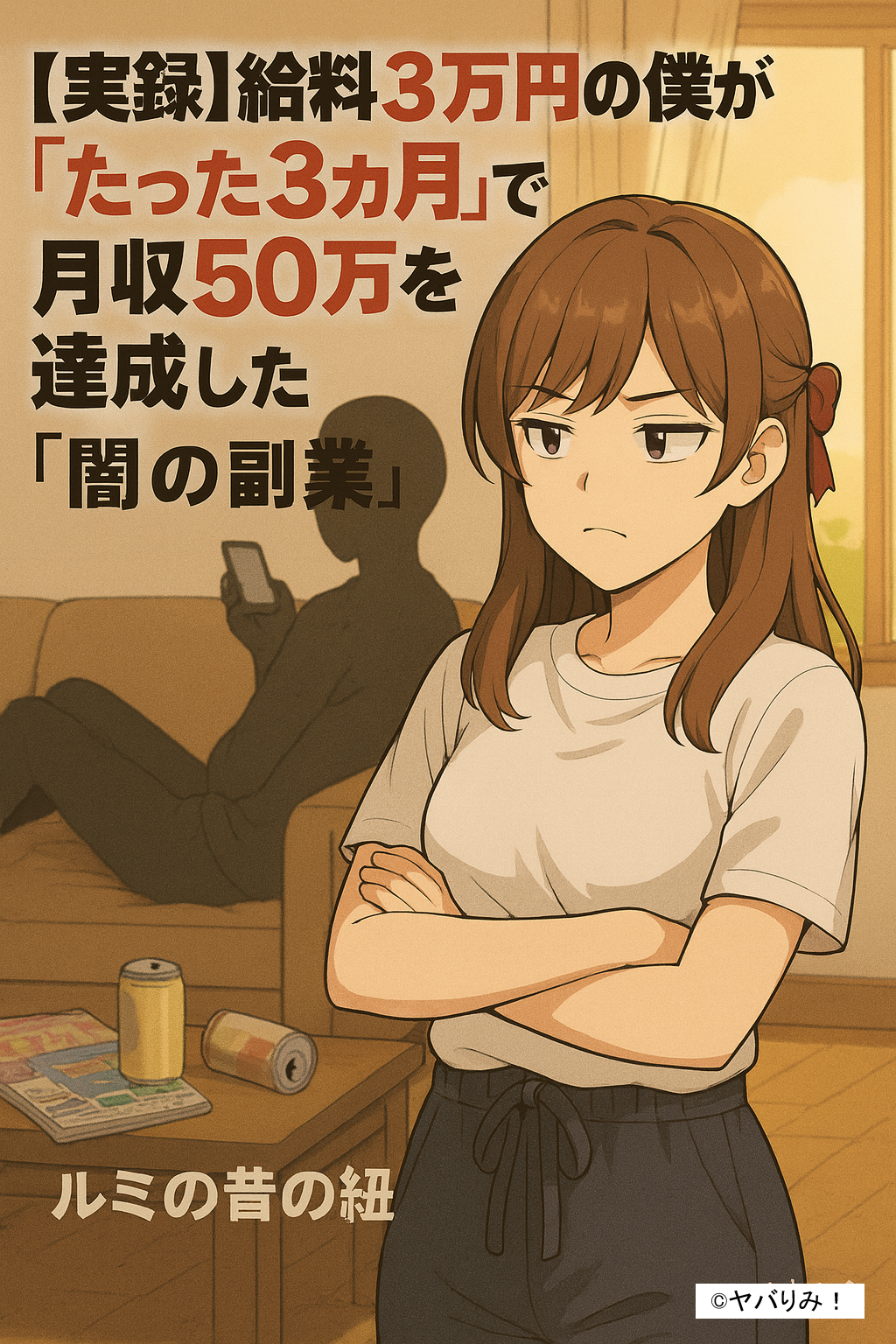「ルミが腕を組んで険しい表情を浮かべ、背景にはスマホをいじる男性と散らかったリビング。闇の副業を示唆するイラスト」