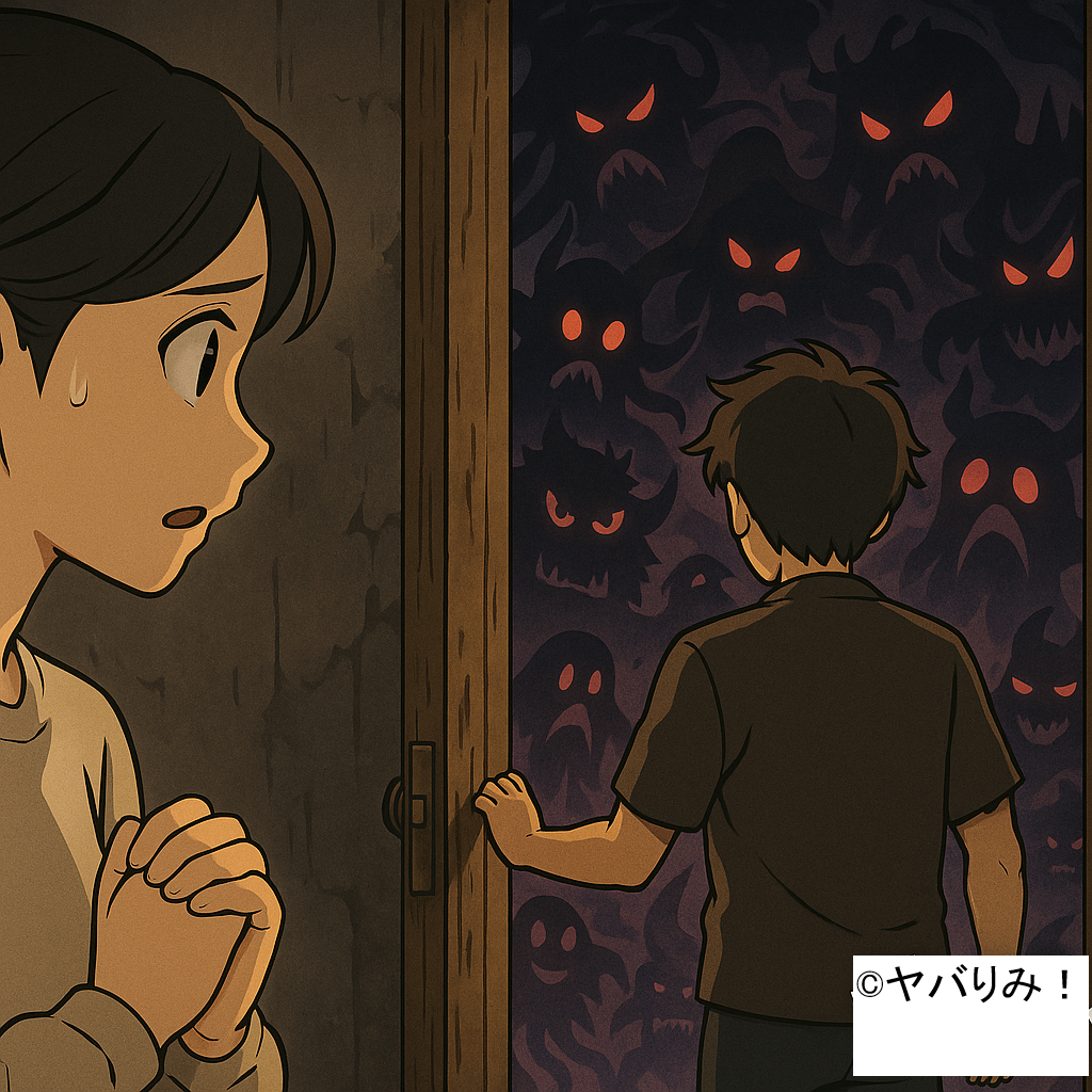 少年が恐怖の扉を開け、不気味な影が現れる場面。