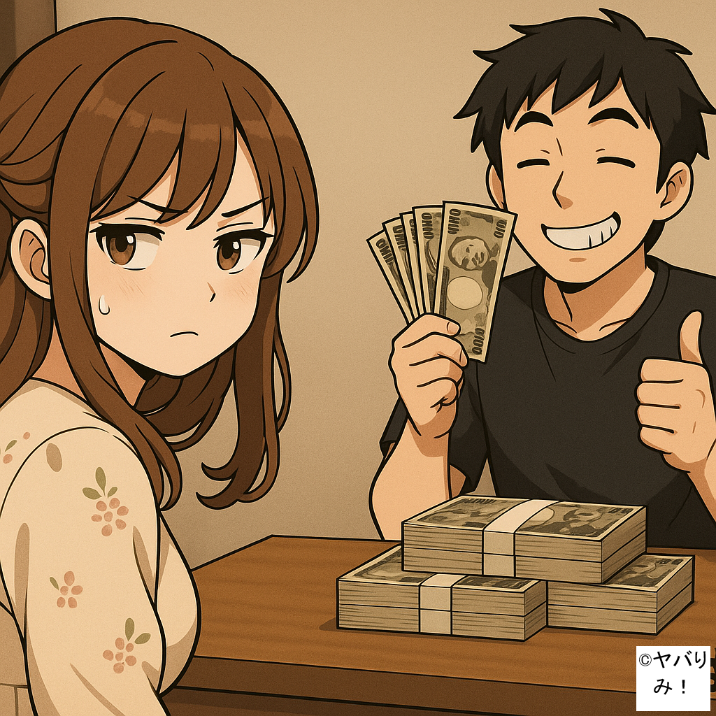 札束を持って笑う男と、不安そうな表情の女性。