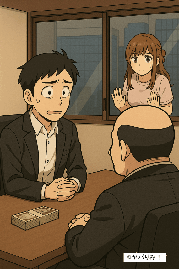 不安げに交渉する男性と、それを制止しようとする女性。