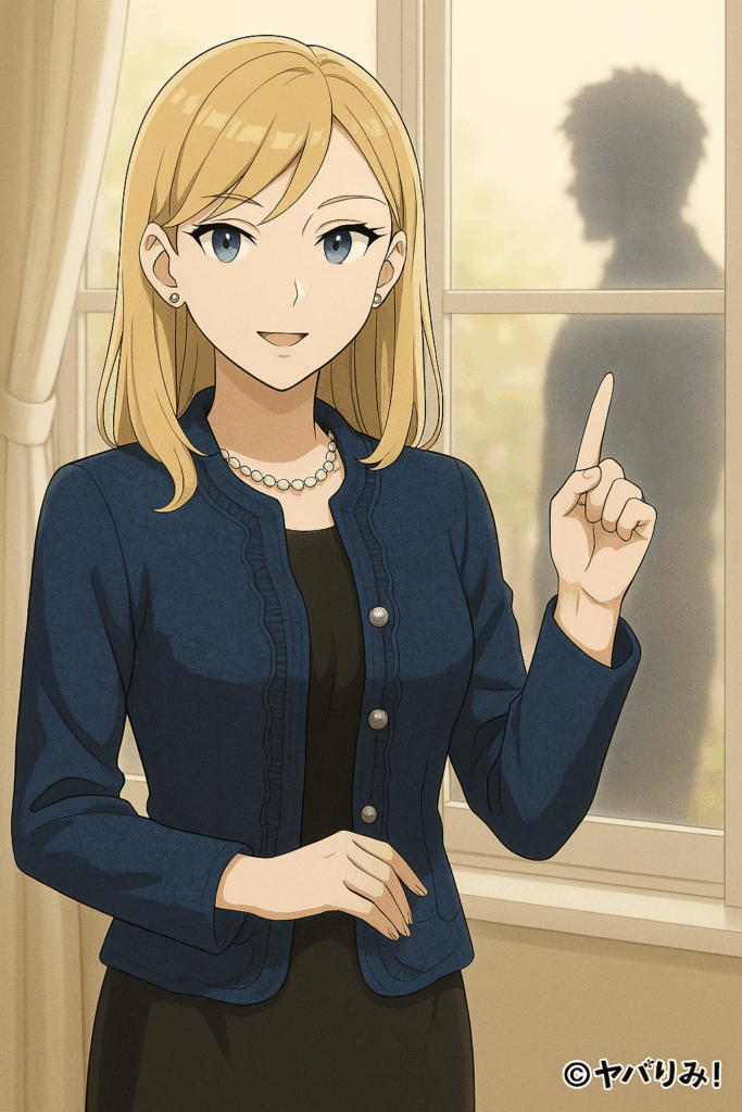 ナジカが窓際に立ち、青いジャケット姿で解説している。