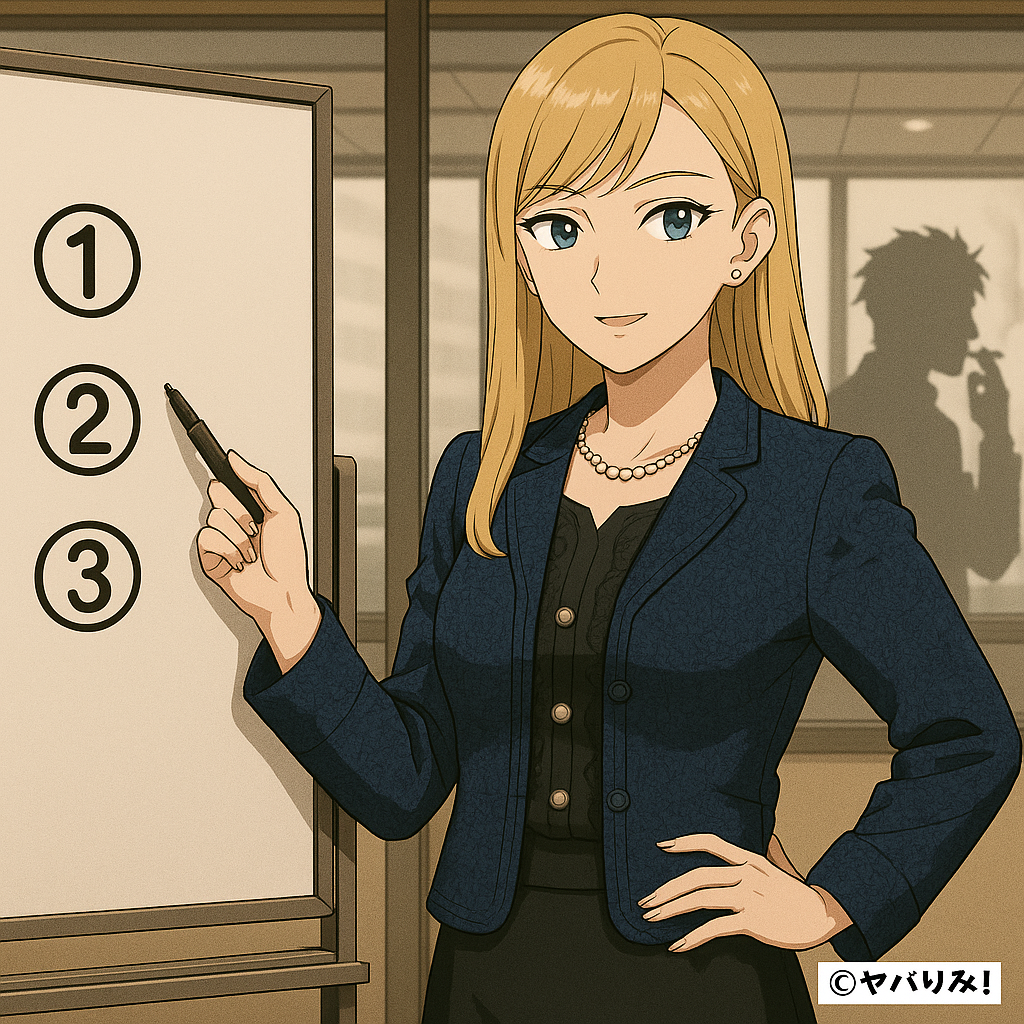 ナジカがホワイトボードを指し示し、解説者らしく「3つの丸数字」が描かれている。