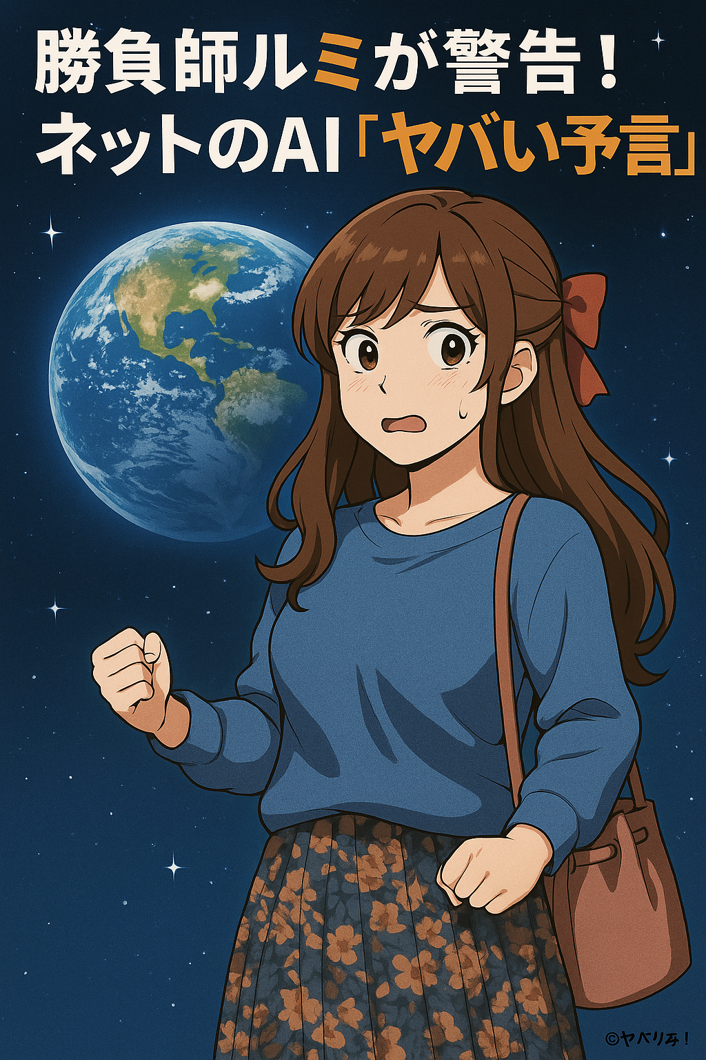 宇宙を背に、青い服のルミが真剣な表情で未来を見つめて立つアニメ風イラスト。右下に©ヤバりみ！の表記。