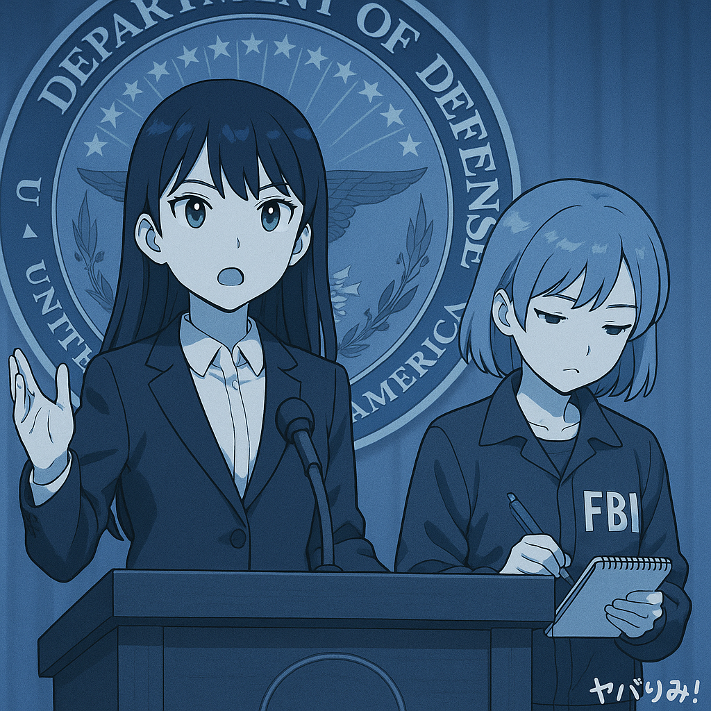 リコが記者会見風の光景で発言、ルミが横でノートを取る。背景は国防総省の紋章。