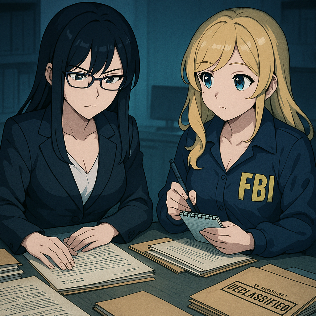 「公文書調査中の二人」 リコが机に大量の資料を広げ、ルミが蛍光灯の下でメモ。