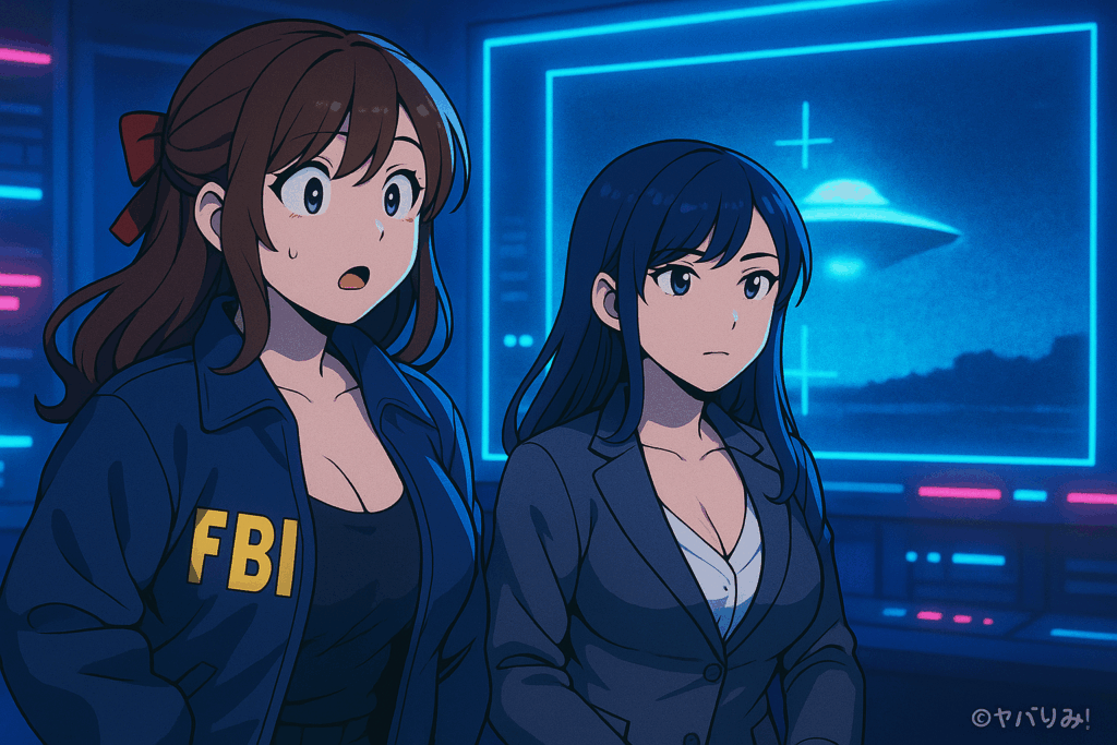 「分析ルームの2人」 巨大モニターに映るUAP映像を2人が注視。ルミが驚き、リコは冷静。 ネオン光で科学的雰囲気。