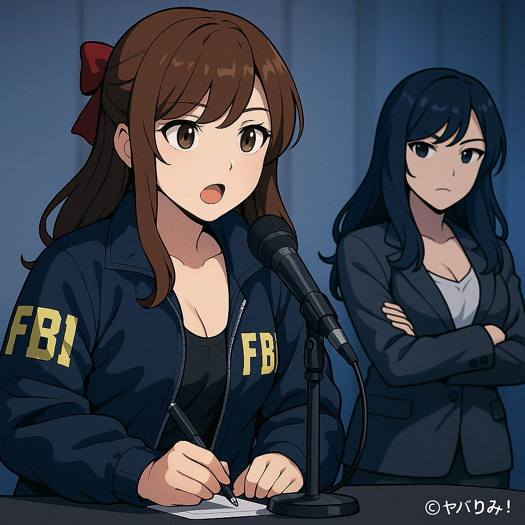 「記者会見風シーン」 ルミがマイクの前で質問、リコが後方で腕組み。 灰色の会場＋青い照明　　