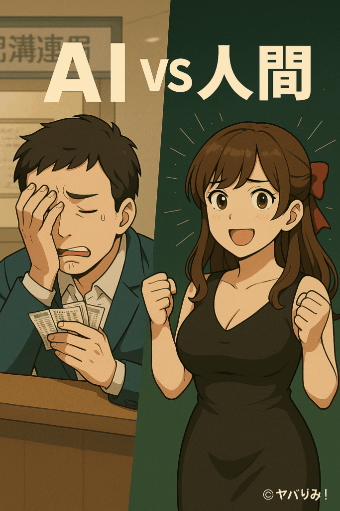 AIの予想を信じて、全財産を失って馬券売り場で嘆く男性と 、冷静に勝負を見極め、AIの逆張りをし、大賞したルミ。画面を、対角に分け、左に嘆く男性、右に喜ぶルミ。画像の真ん中に、AI VS 人間 と強めの表記。