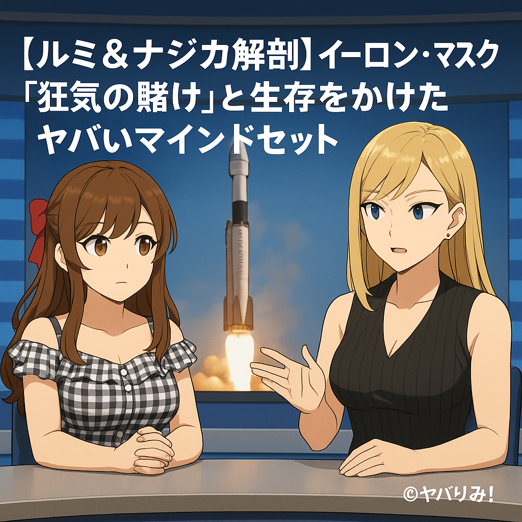 ニューススタジオでロケット打ち上げ映像を背景に、ルミとナジカが討論しているアニメ風イラスト。