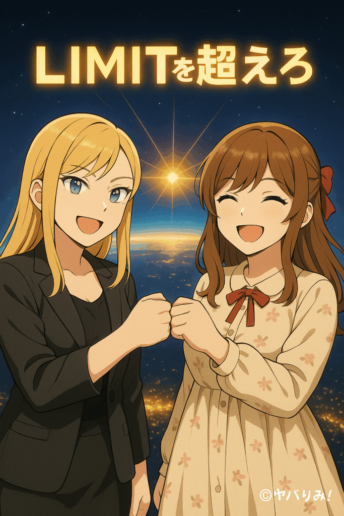 ルミとナジカが笑顔で拳を合わせる。 背景は夜明けの地球。 空に光る言葉:「LIMITを超えろ」 右下に ©ヤバりみ!。