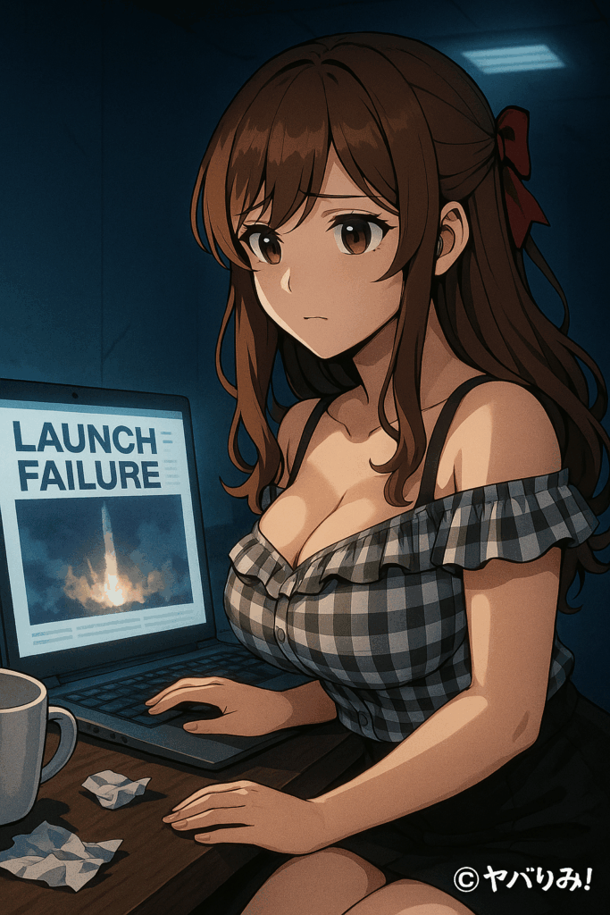 ルミが暗い部屋で、パソコン画面に映る「ロケット打ち上げ失敗」のニュースを凝視。 背景に倒れたコーヒーカップ、焦げた紙、蛍光灯の白い光。 顔の陰影が強調された写実的イラスト風。