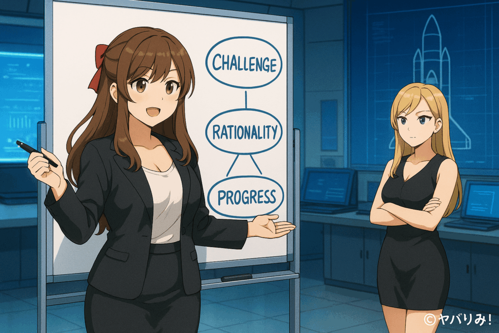 研究室や宇宙センターのような背景でプレゼンをしている雰囲気