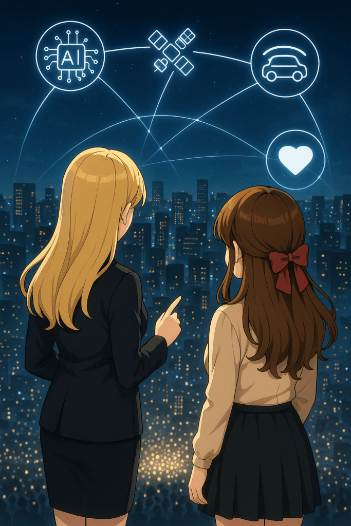 夜の都市を見下ろすルミとナジカ。 空には光の線で描かれたネットワーク(AI・衛星・自動車・SNSを象徴)。 下には群衆の光。 彼女たちは俯瞰の位置から世界を分析している。