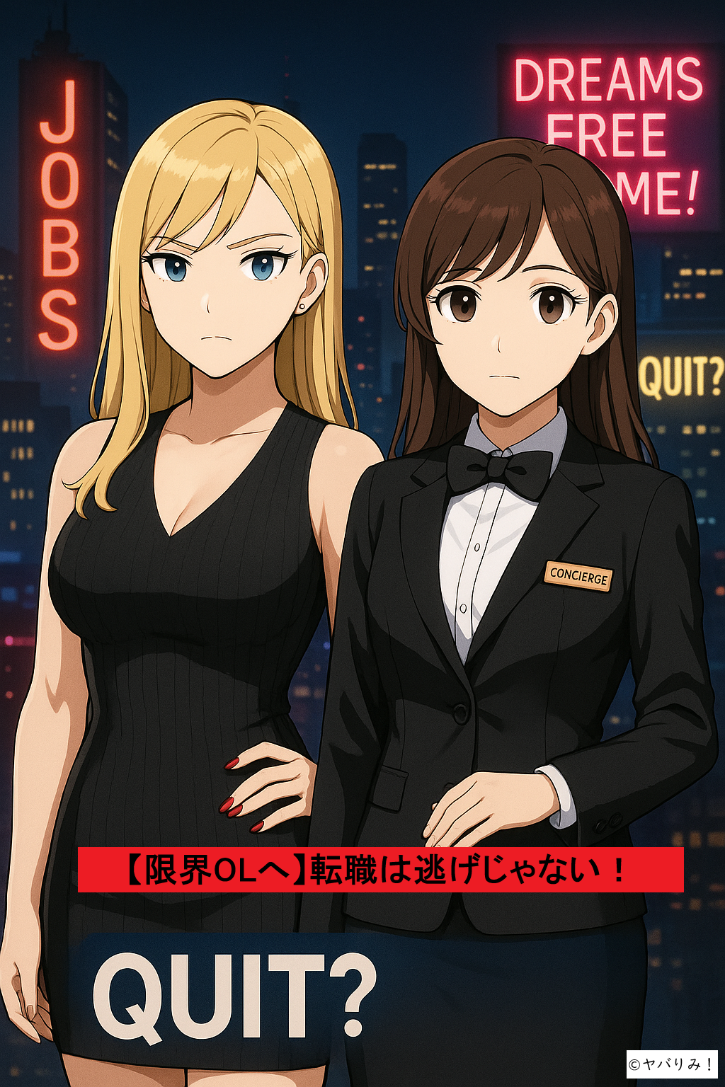 夜景を背景にスーツ姿の女性とドレス姿の女性が並び、「転職は逃げじゃない！」と書かれたキャッチコピーが入ったイラスト。