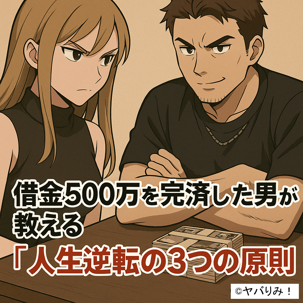 腕を組み自信を見せる男性と、真剣な表情の女性が並び、テーブルには札束が置かれている。テキストに「借金500万を完済した男が教える 人生逆転の3つの原則」と書かれている。