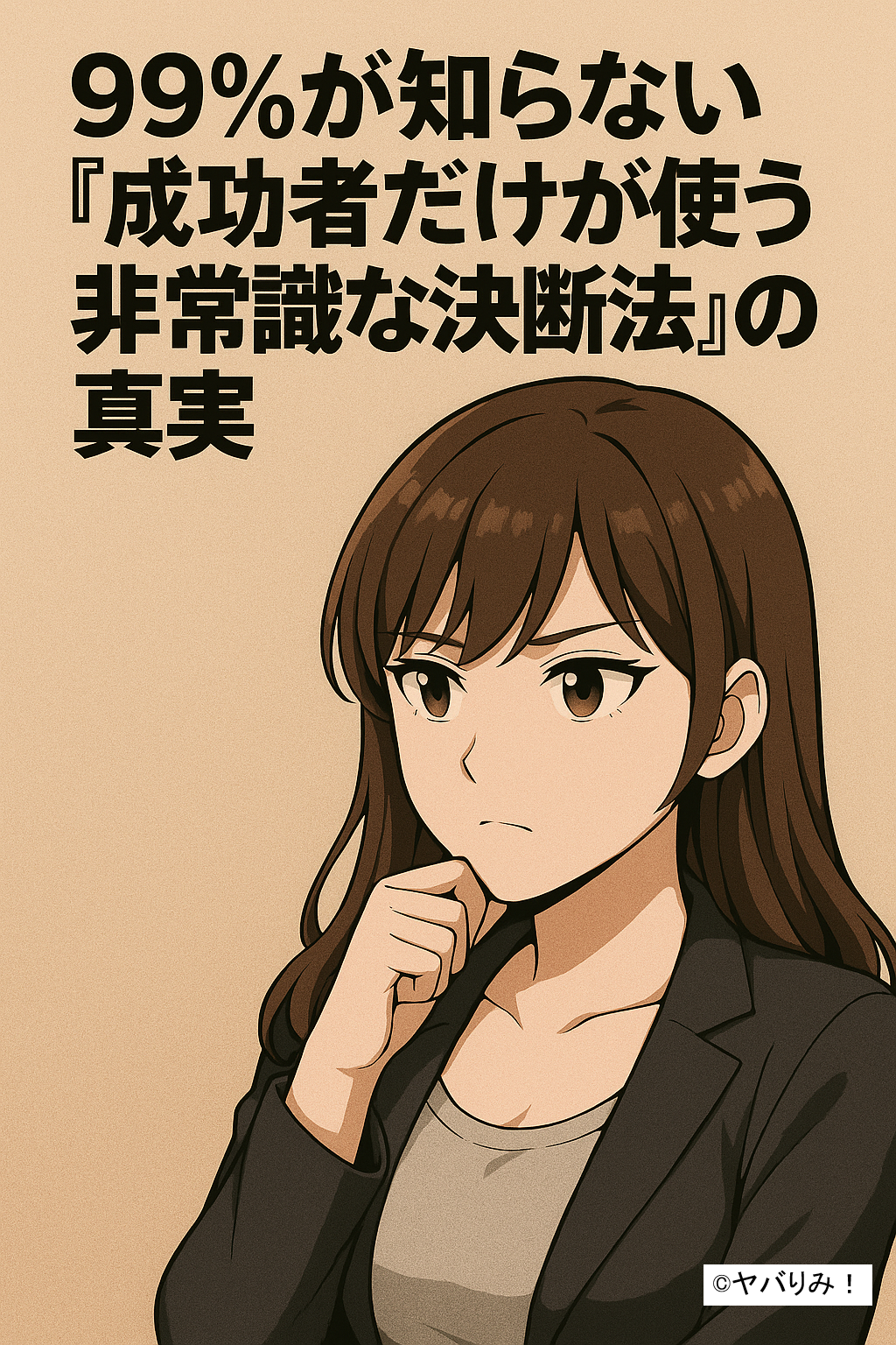 茶色の背景に、真剣な表情で顎に手を当てる女性キャラクター。大きく「99％が知らない『成功者だけが使う非常識な決断法』の真実」と表示されている。
