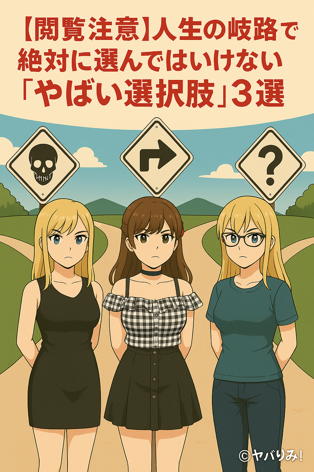 「三叉路に立つ3人の女性キャラクター（リコ、ナジカ、ルミ）が緊張した表情で正面を向く。赤色の見出しで『人生の岐路で選んではいけない選択肢3選』と書かれたアニメ風イラスト。」