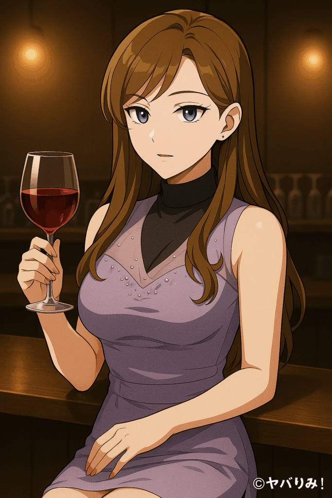 ナジカがラウンジのカウンターで、グラスを片手に静かに語る。 背景にやや暗い照明とグラスの反射。