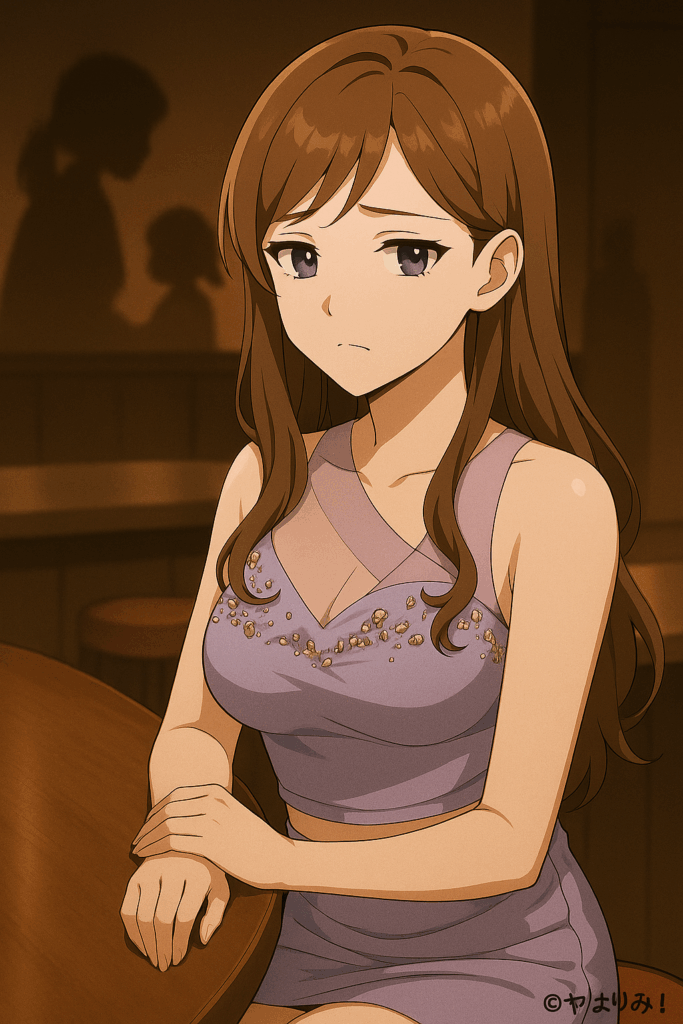 ナジカがカウンター越しに話を聞く側にまわり、少し憂いを帯びた表情。 背景には、母子や家庭の影を暗示するようなシルエット。