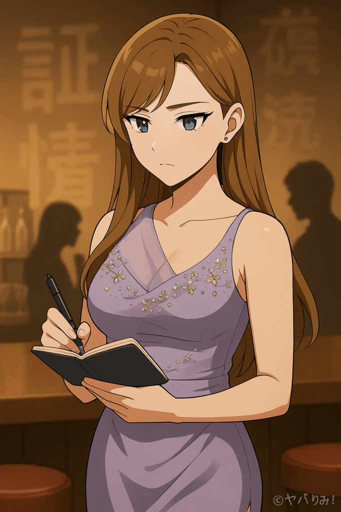 ナジカが手帳に冷静にメモを取っている。
後ろの壁に「心理戦」「証拠」「冷静さ」などのキーワードがぼんやり。