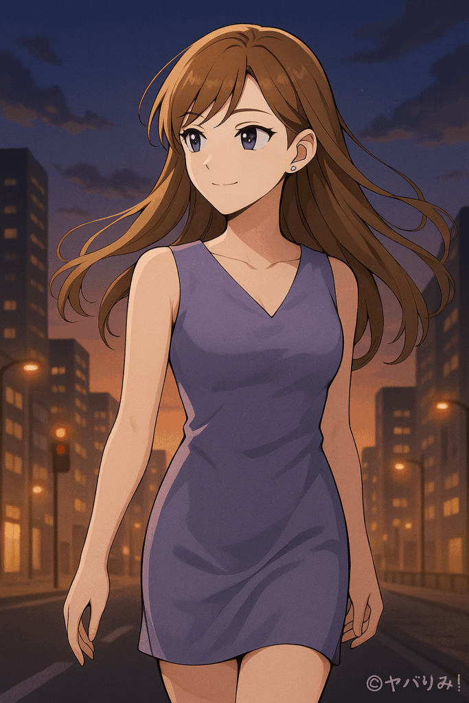 夜明け前の街を背に、ナジカが風に髪をなびかせながら歩き出す。 表情は前向きで穏やか。