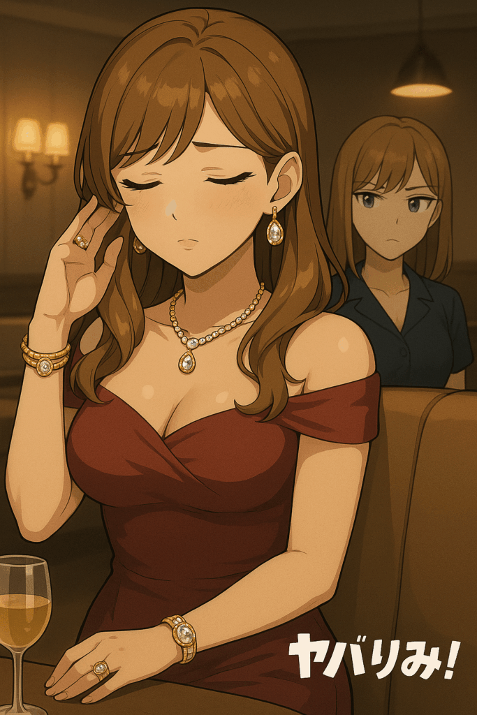 華美な装飾品をみにつけ、男を誘う、女性。キャラは考えろ、ナジカではない、。ナジカはそれを遠目で冷めた目でみている。