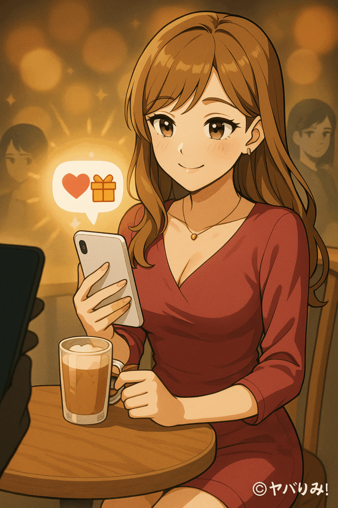 高級カフェでスマホを見つめる若い女性（満足げ／微笑）

スマホ画面には「ハートマーク」や「ギフトアイコン」が光る

背景に「応援」「投げ銭」「共感」の雰囲気を示す柔らかい光のエフェクト

手前にスマホを持つ男性の手のシルエットが少し映る（匿名の支援者を示唆）

右下に「©ヤバりみ！」表記