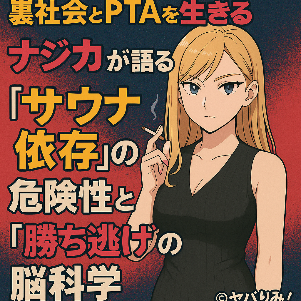 黒いノースリーブ姿のナジカがサウナの湯気を背景に語るアニメ風イラスト。タイトル文字が画面全体に配置されている。