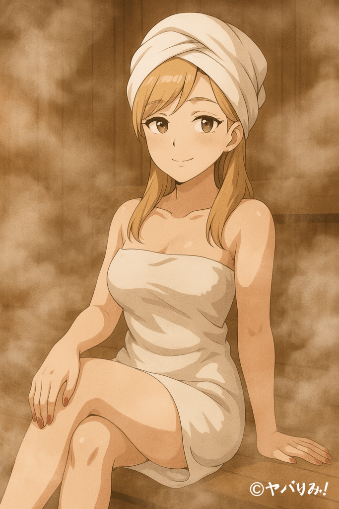 サウナの湯気の中、ぼんやり微笑む、ナジカ。