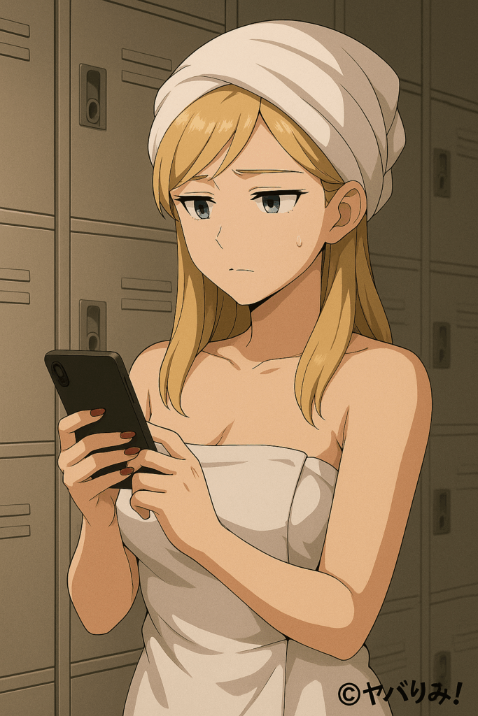 ナジカがロッカーでスマホを見つめて悩む デジタル依存の暗示