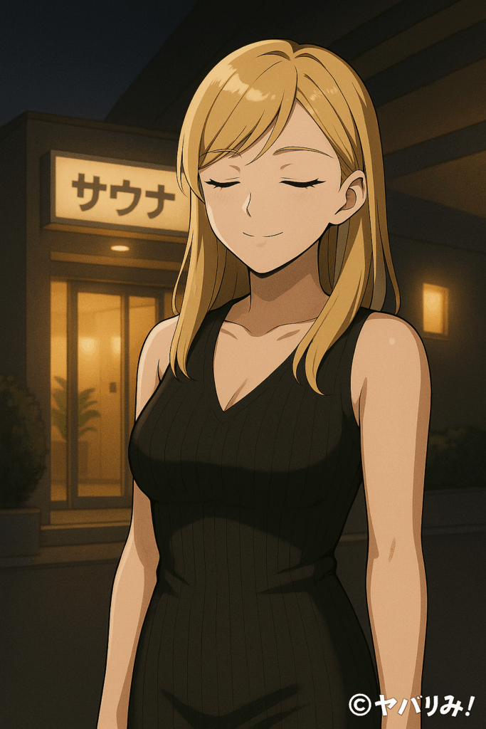 ナジカ(ブロンド・黒いノースリーブワンピース)が、
サウナを出て夜風に当たりながら微笑む。
背景には、サウナ施設の出入り口の灯り。