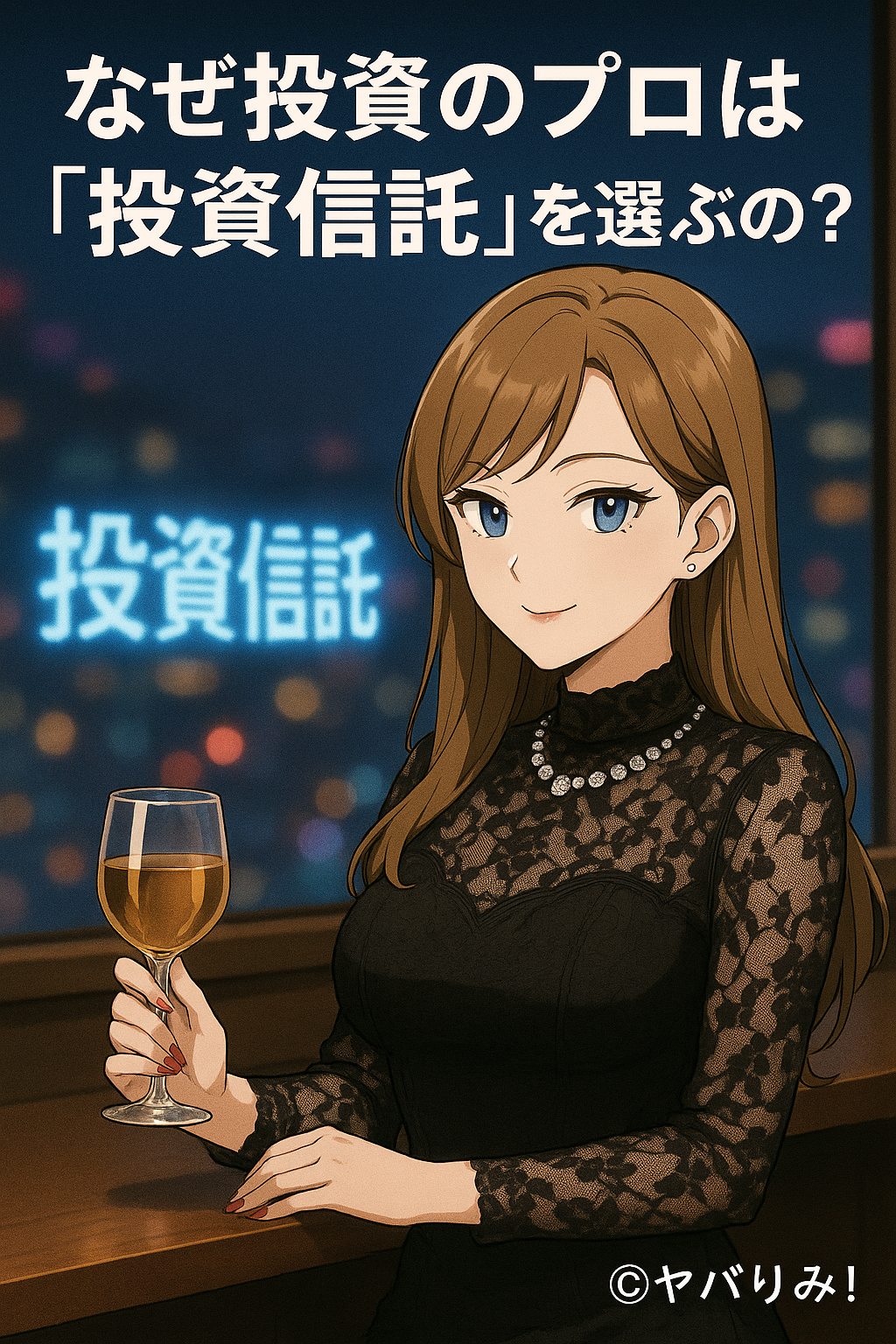 「黒のレースドレスを着た女性がラウンジでグラスを手にしながら微笑んでいる。背後には都会の夜景とネオンが映る。」