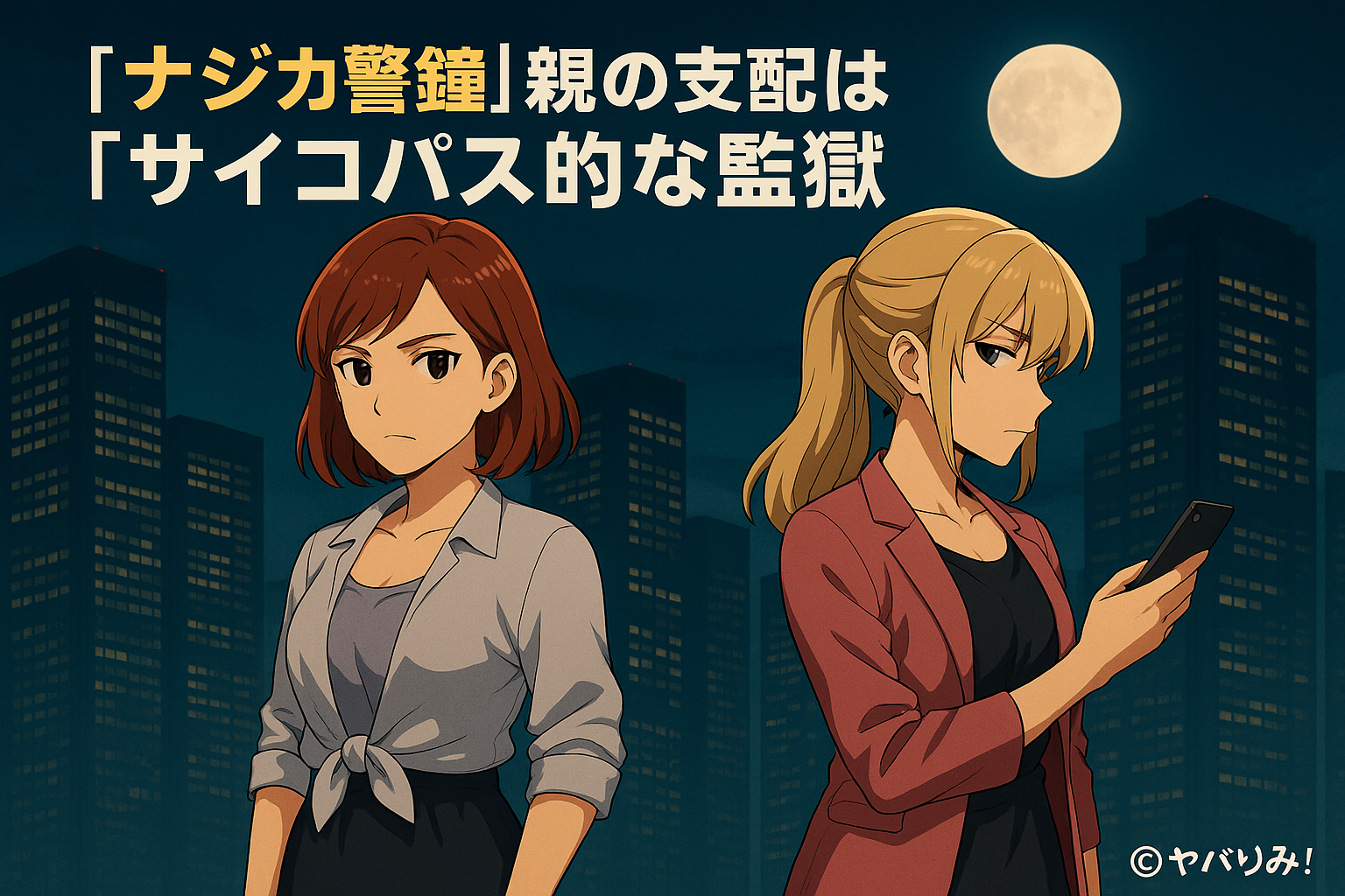 満月の下、都会の夜景を背に並ぶリコとナジカ。 リコは正面を見据え、ナジカはスマートフォンを持ちながら横を向く。 タイトル「【ナジカ警鐘】親の支配は『サイコパス的な監獄』」と、右下に「©ヤバりみ！」の表記がある。