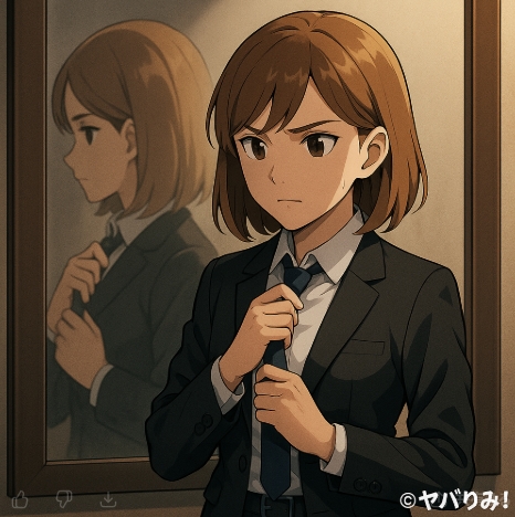 リコが鏡に映る自分を見つめ、ネクタイを締め直している。 表情は決意と少しの緊張。 右下に ©ヤバりみ！