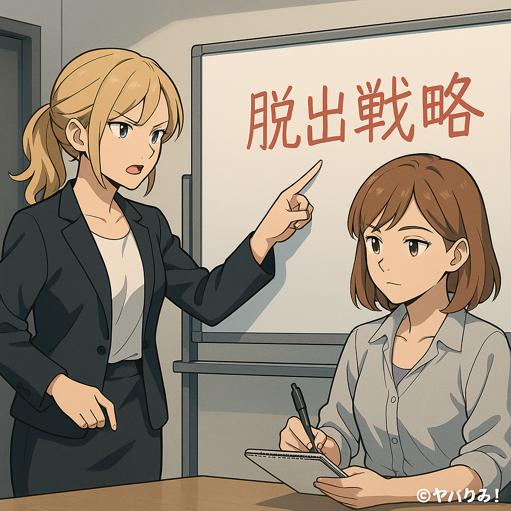 ナジカがホワイトボードを指差し、リコが横でメモを取っている。
ボードには「脱出戦略」と赤字で書かれている。
背景はシンプルなオフィス風。
右下に ©ヤバりみ！