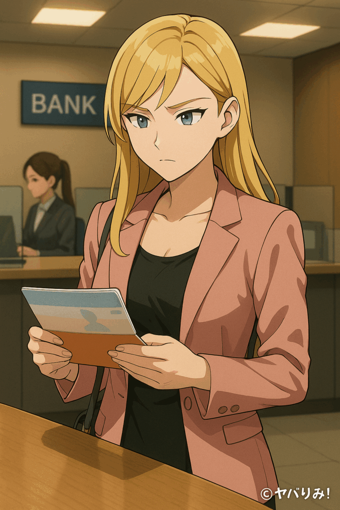 ナジカが銀行の窓口で、手元の通帳をじっと見つめるシーン。
表情は冷静だが、どこか警戒心がある。
右下に ©ヤバりみ！