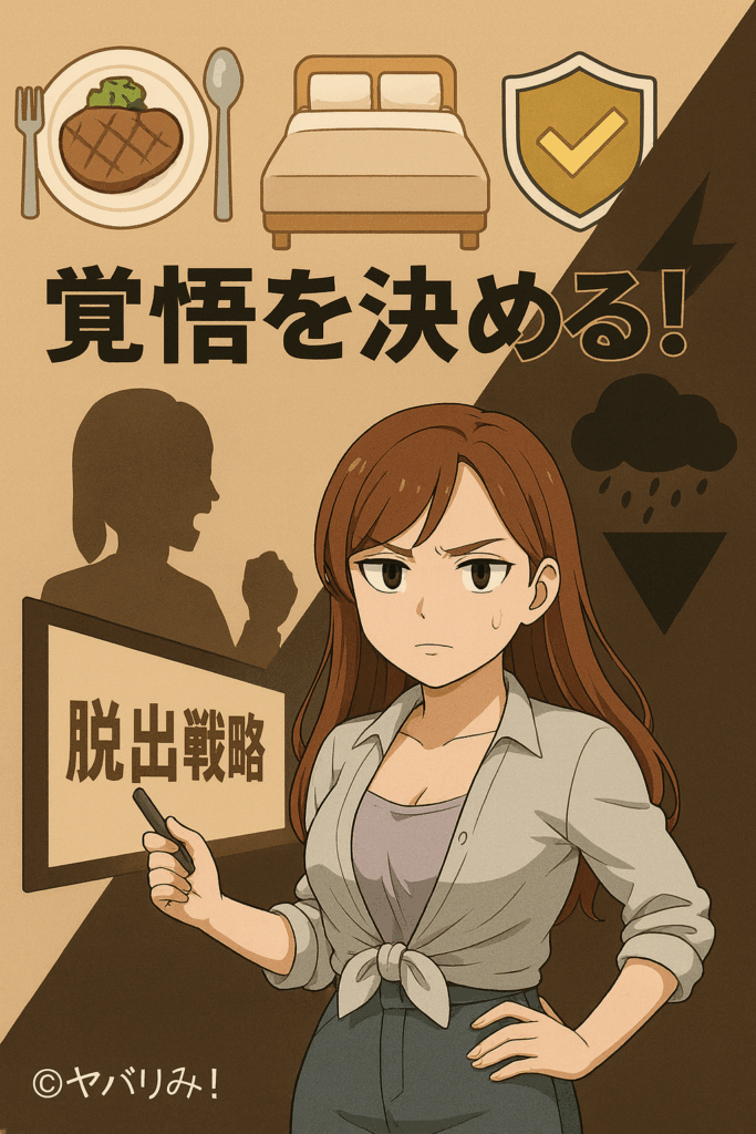画面を真ん中対角に分け、左上には、親の支配と、その庇護下で得られる、食べ物、温かいベッド、安全な環境のイメージアイコン。右下には、覚悟を決めた表情の、リコと、のしかかる不安のイメージアイコン。