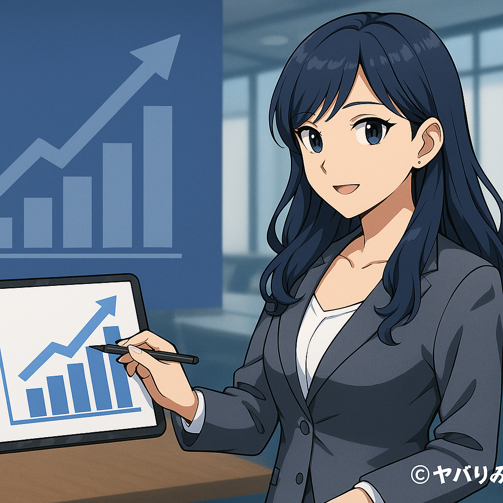 リコが横斜めの角度で、タブレットの棒グラフをペンで指し示す