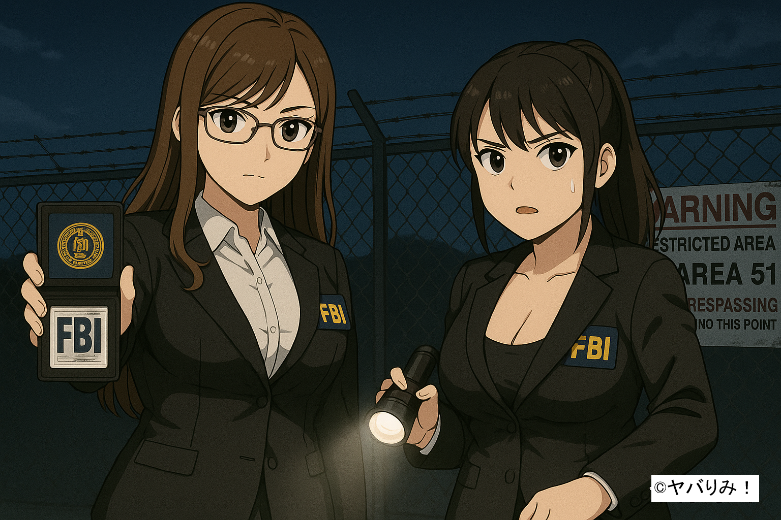 「エリア51のフェンス前でFBIバッジを示すリコと、懐中電灯を構えるルミ。政府の秘密を示唆する緊張感あるイラスト」