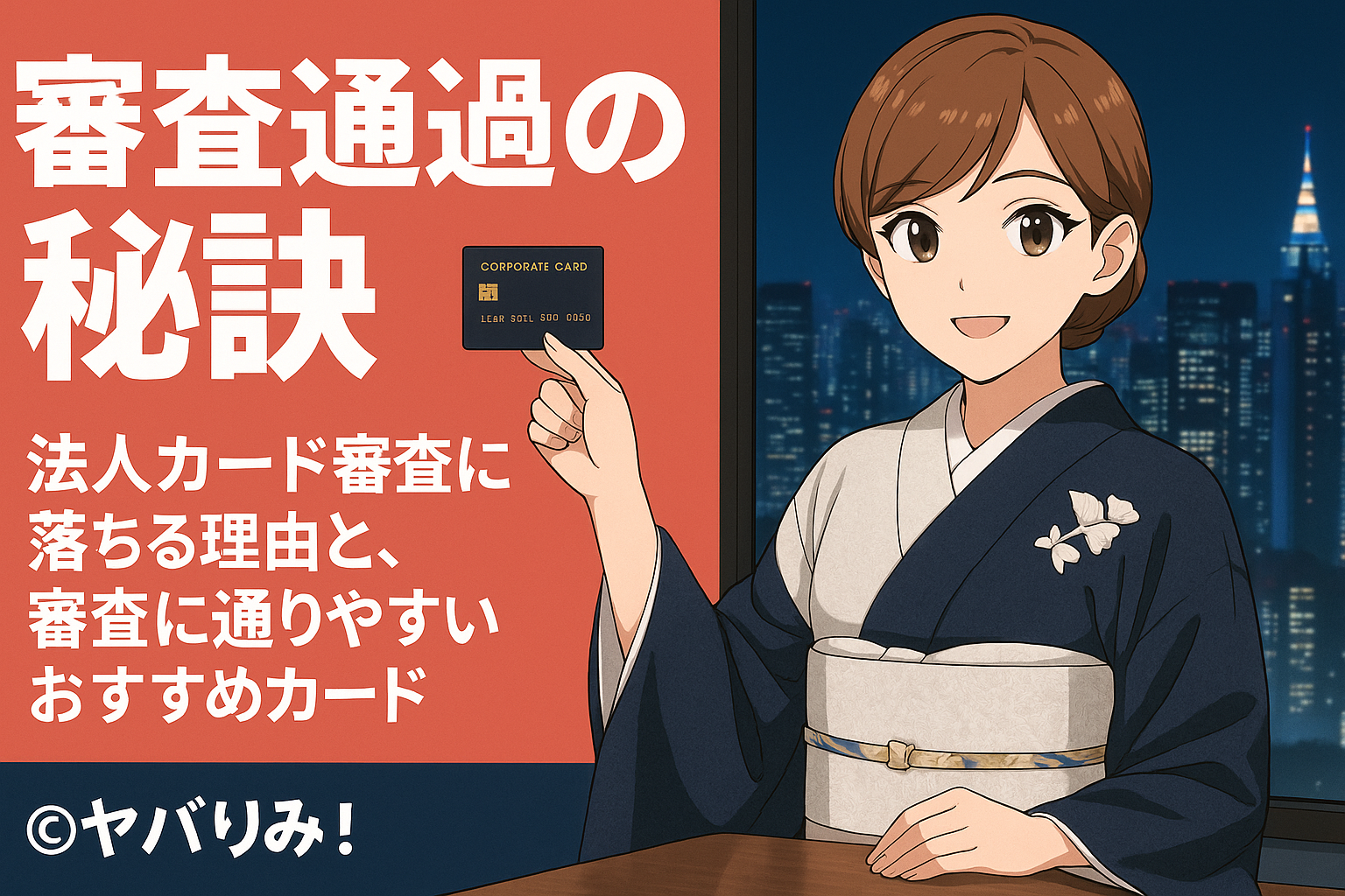 和服姿の女性リコが法人カードの資料を持ち、微笑んでいるアニメ風イラスト。