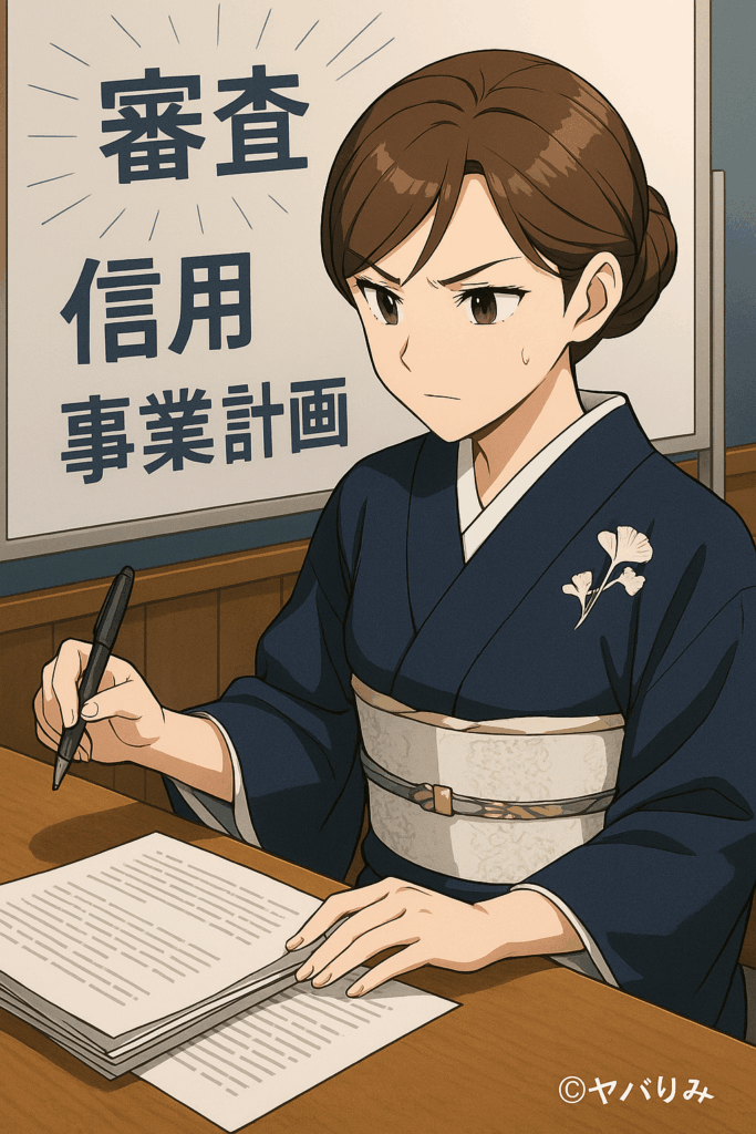 リコが書類の束を手に、真剣な表情でデスクに向かう。
背景には「審査」「信用」「事業計画」といったキーワードが並ぶホワイトボード。
→「審査の本質を知るプロフェッショナル」の印象を強調。