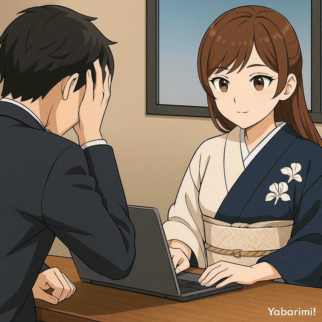 リコが企業の代表と面談。 代表者が頭を抱え、リコがノートPCを見ながら冷静に助言。 →「頼れる専門家としてのリコ」を描く。