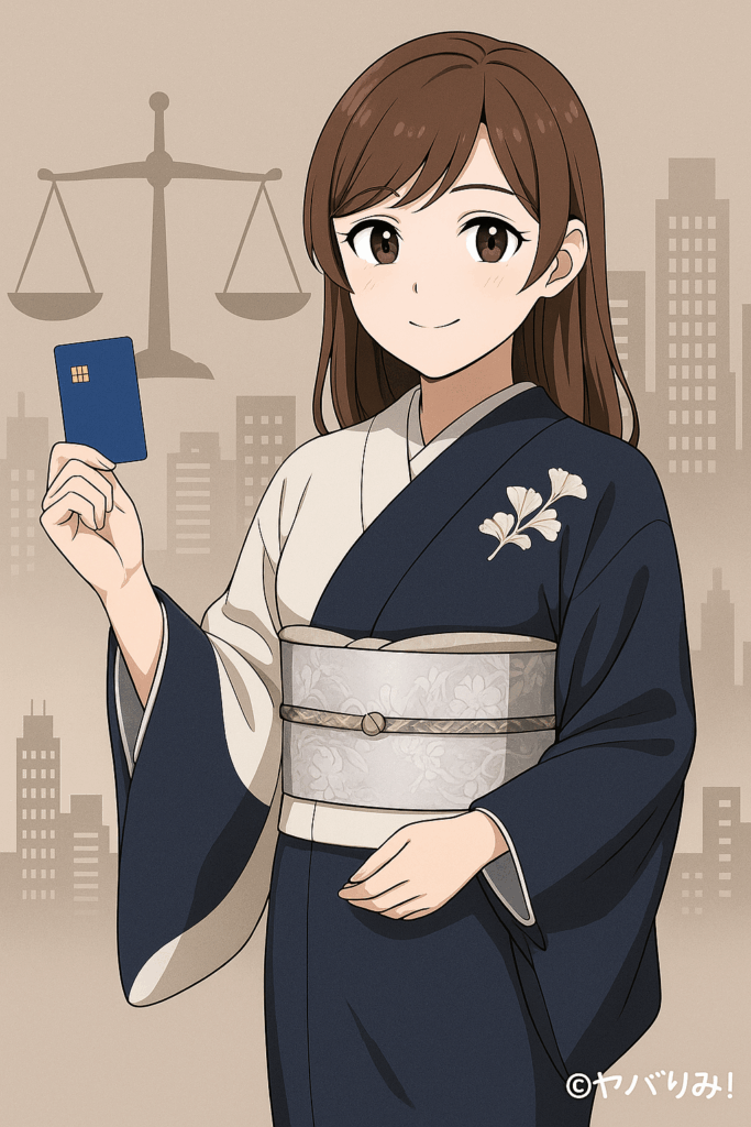 リコ、全身像がカードを手にして頷きながら微笑む。 背景に天秤とビジネス街のシルエット。 → 「選択のバランス」「判断の冷静さ」を象徴