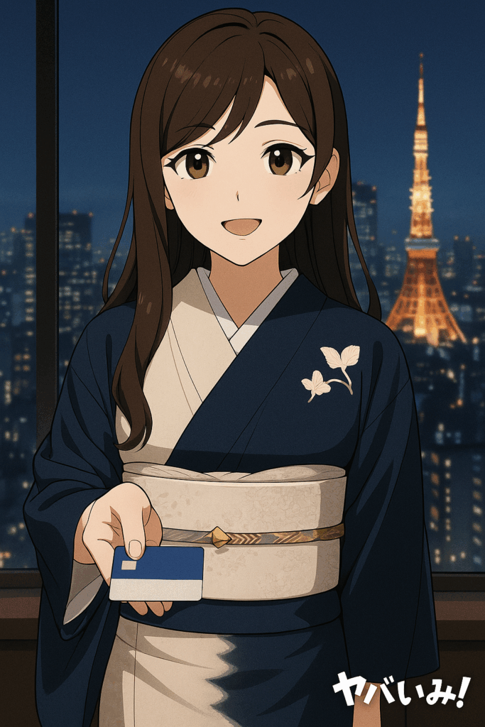 リコが夜景を背に、微笑んでカードを差し出す。 背景の窓越しに東京の光。 → 「読者への応援」「希望と信頼の象徴」になる締めカット。　　