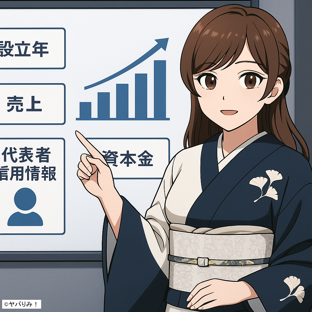 リコが大型モニターの前に立ち、 ・設立年 ・売上グラフ ・代表者信用情報 ・資本金 を指し示しながら説明。 → ビジネス講義風。「わかりやすさ」と「信頼性」を可視化。