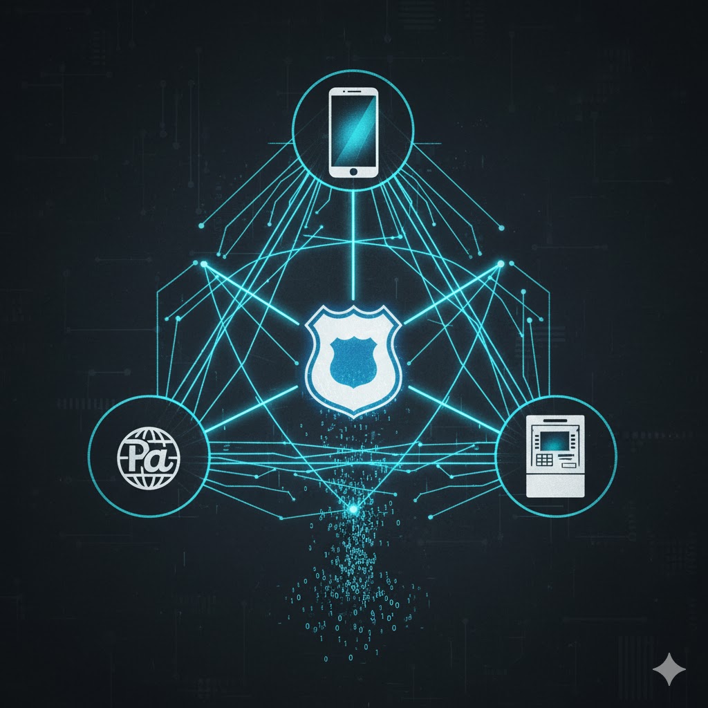 スマホ、ATM、IPアドレスが線で結ばれ、中央に警察のマークがある図。デジタルデータが逃げ場を失う構造を表現する図